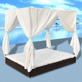 vidaXL Patio Lounge Bed with Curtains Poly Rattan Brown