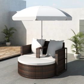 vidaXL Patio Bed with Parasol Brown Poly Rattan