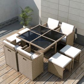 vidaXL 9 Piece Patio Dining Set with Cushions Poly Rattan Beige