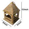 Floral Engraved Decorative Temple Top Mango Wood Hanging Bird House with Feeder; Brown