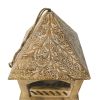 Floral Engraved Decorative Temple Top Mango Wood Hanging Bird House with Feeder; Brown