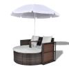 vidaXL Patio Bed with Parasol Brown Poly Rattan