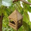 Floral Engraved Decorative Temple Top Mango Wood Hanging Bird House with Feeder; Brown