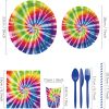 Tie Dye Party Supplies Birthday Dinnerware Paper Plates Ombre Rainbow Pastel Water Color Theme Disposable Round Hippie Dessert Plates Tableware Set Cu