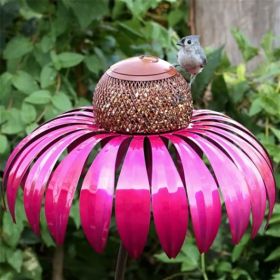 Cone Flower Bird Feeder Outdoor Garden Art Metal Bird Feeder Bring Support (Color: Red)