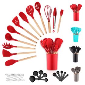 Silicone Kitchen Utensils Set 38 Pieces and Utensil Holder (Color: Red, Material: wood, plastic)
