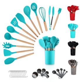 Silicone Kitchen Utensils Set 38 Pieces and Utensil Holder (Color: Blue, Material: wood, plastic)