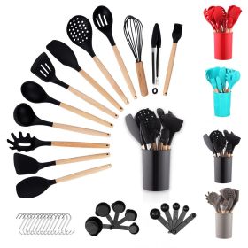 Silicone Kitchen Utensils Set 38 Pieces and Utensil Holder (Color: Black, Material: wood, plastic)