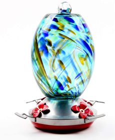 Garden Hummingbird Feeder with Perch - Hand Blown Glass (Color: Blue)