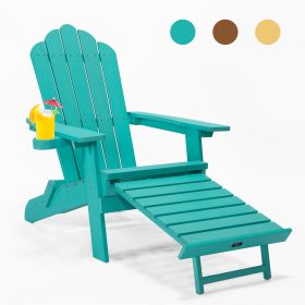 TALE Folding Adirondack Chair with Pullout Ottoman with Cup Holder, Oversized, Poly Lumber,  for Patio Deck Garden, Backyard Furniture, Easy to Instal (Color: GREEN)